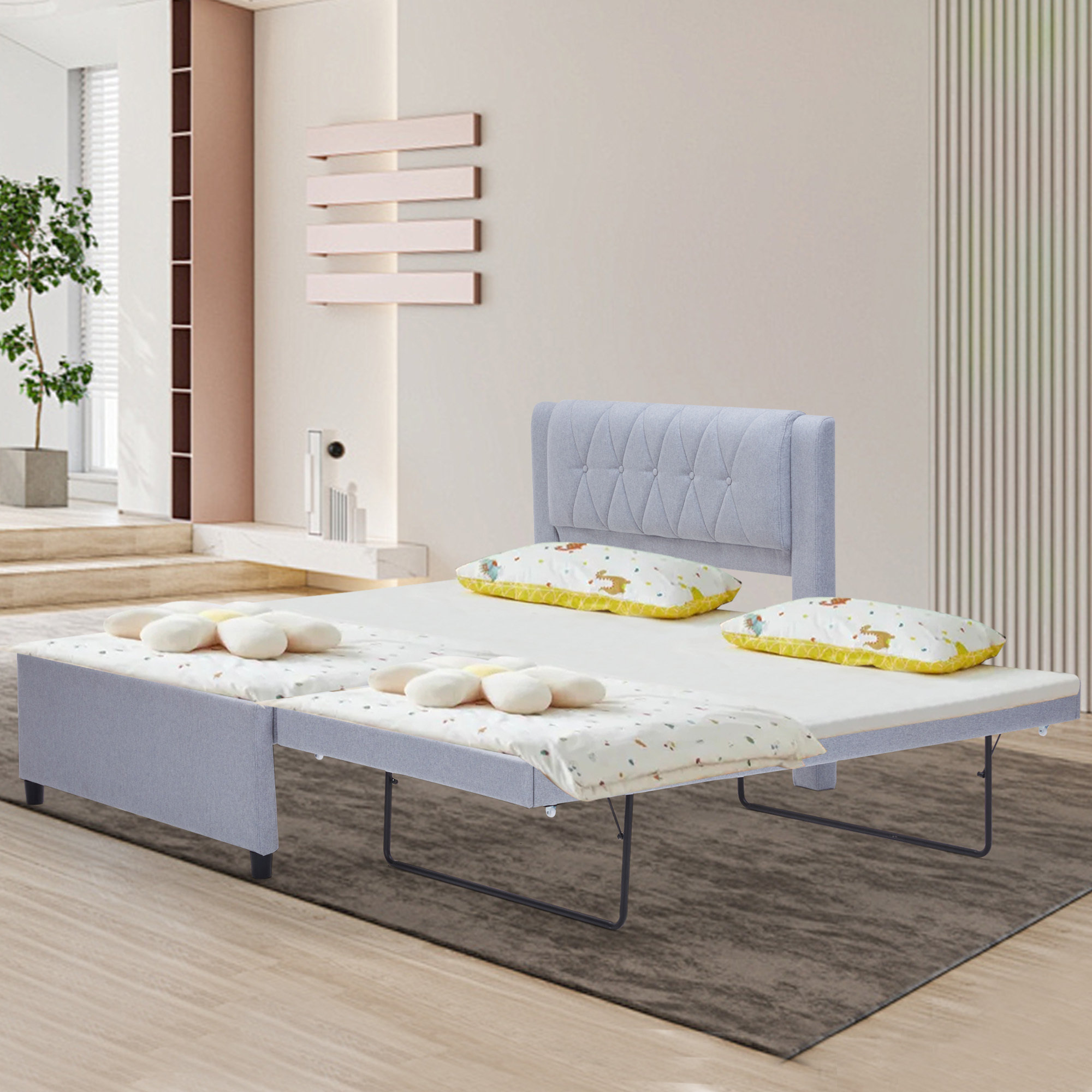 Latitude Run® Full upholstery platform bed with trundle, modern linen headboard, trundle flat ...